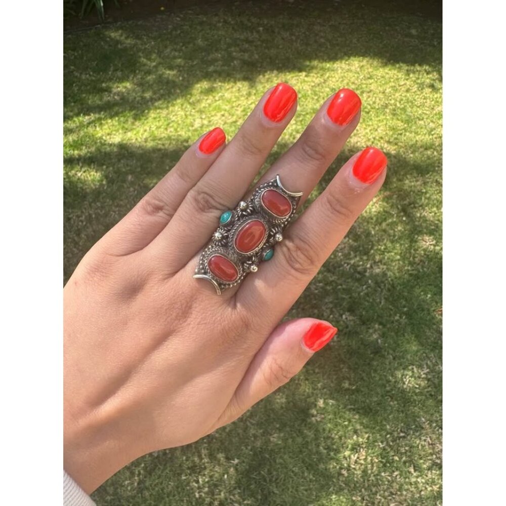 ONE OF A KIND Huge Carnelian & Turquoise Knuckle Ring Adjustable